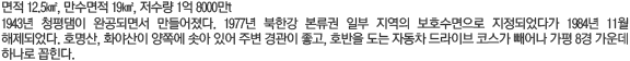 면적 12.5㎢, 만수면적 19㎢, 저수량 1억 8000만t 1943년 청평댐이 완공되면서 만들어졌다. 1977년 북한강 본류권 일부 지역의 보호수면으로 지정되었다가 1984년 11월 해제되었다. 호명산, 화야산이 양쪽에 솟아 있어 주변 경관이 좋고, 호반을 도는 자동차 드라이브 코스가 빼어나 가평 8경 가운데 하나로 꼽힌다.